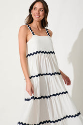 White Maxi Dress with Navy Ric Rac Trim